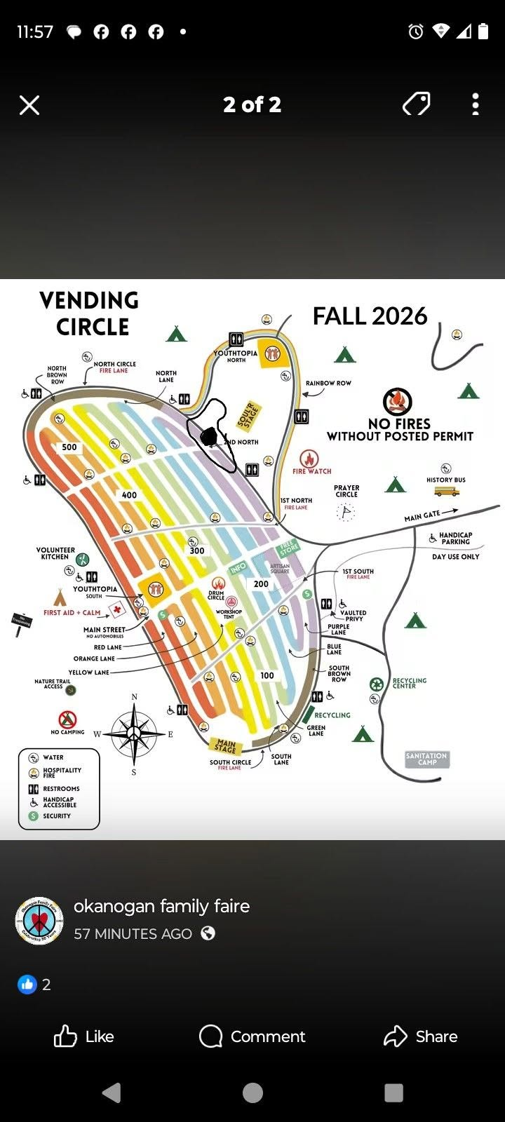 Fall 2026 Okanogan Family Faire site map showing the vending circle and numbered rows, main stage, main gate, day-use-only and handicap parking, first aid, restrooms, water, recycling, and camping areas.